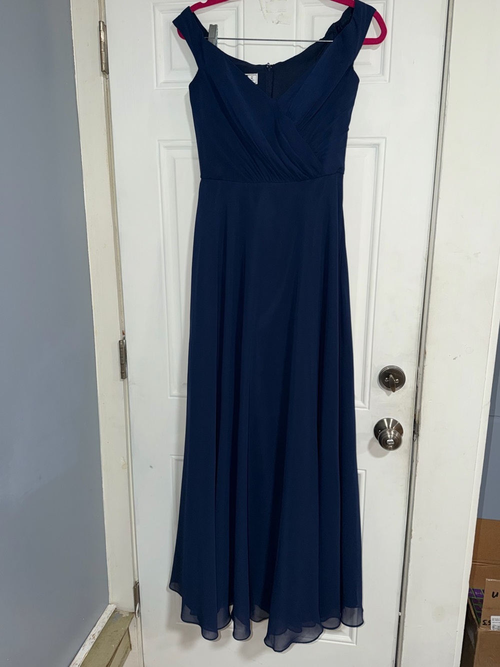 David's Bridal Navy V-Neck Off-Shoulder Maxi Dress